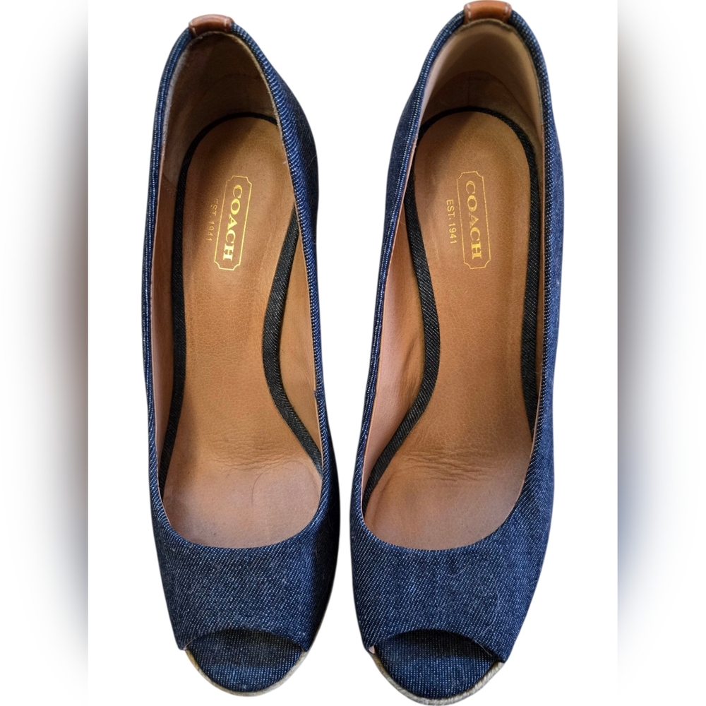 Coach Dark Denim Espadrille Peep-Toe Wedge Heels - Picture 2 of 7